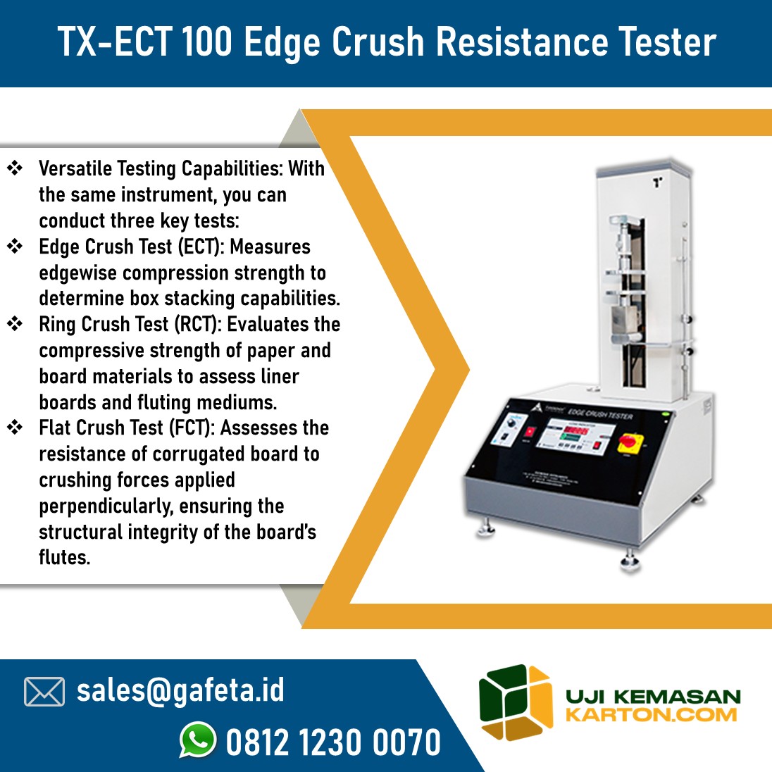 Mesin untuk uji kekuatan karton, Edge Crush Test Machine TX-ECT 100.