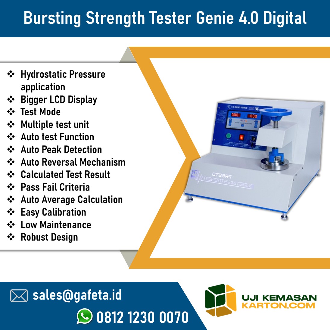Sedia Bursting Strength Tester Karton, Kardus, dan Paperboard Genie 4.0